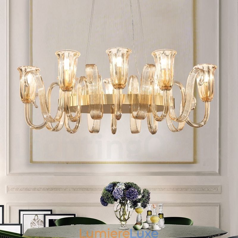Lustre suspendu de luxe rustique rétro à 8 lumières en alliage d'aluminium avec abat-jour en verre
