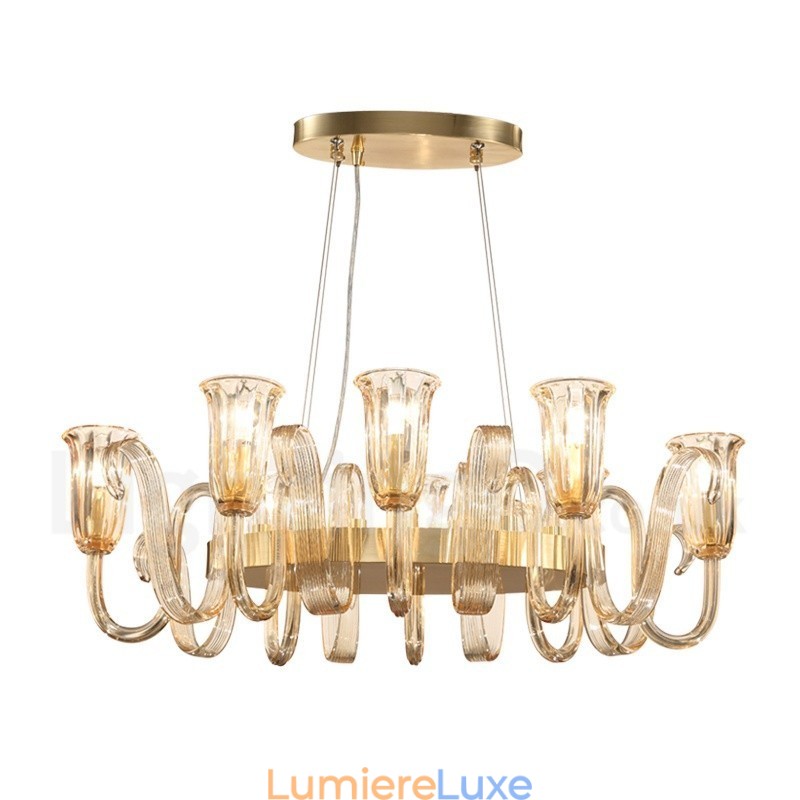 Lustre suspendu de luxe rustique rétro à 8 lumières en alliage d'aluminium avec abat-jour en verre