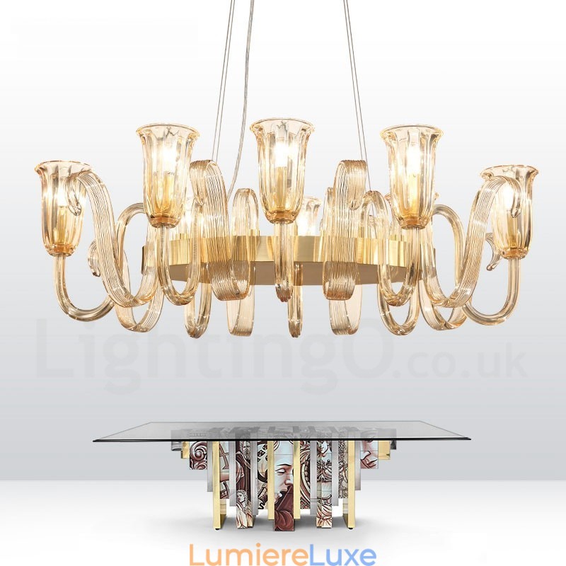 Lustre suspendu de luxe rustique rétro à 8 lumières en alliage d'aluminium avec abat-jour en verre