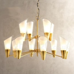Lustre suspendu de luxe rustique rétro à 12 lumières en laiton avec abat-jour en verre