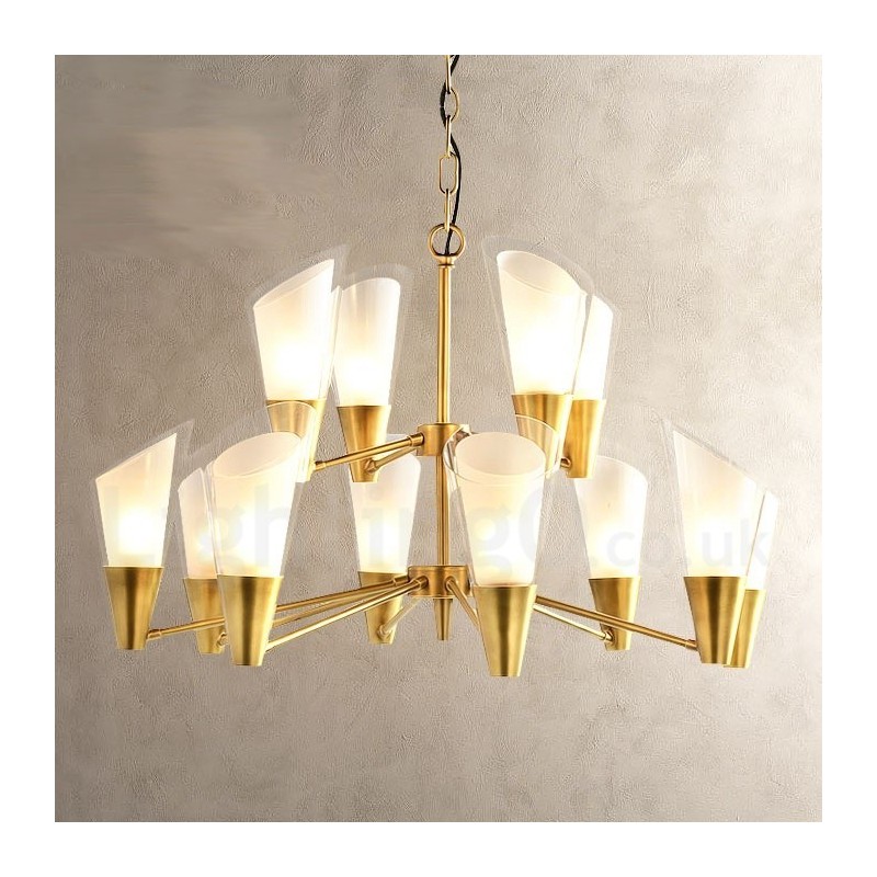 Lustre suspendu de luxe rustique rétro à 12 lumières en laiton avec abat-jour en verre
