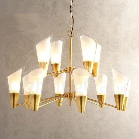 Lustre suspendu de luxe rustique rétro à 12 lumières en laiton avec abat-jour en verre Lustre suspendu de luxe rustique rétro à 12 lumières en laiton avec abat-jour en verre