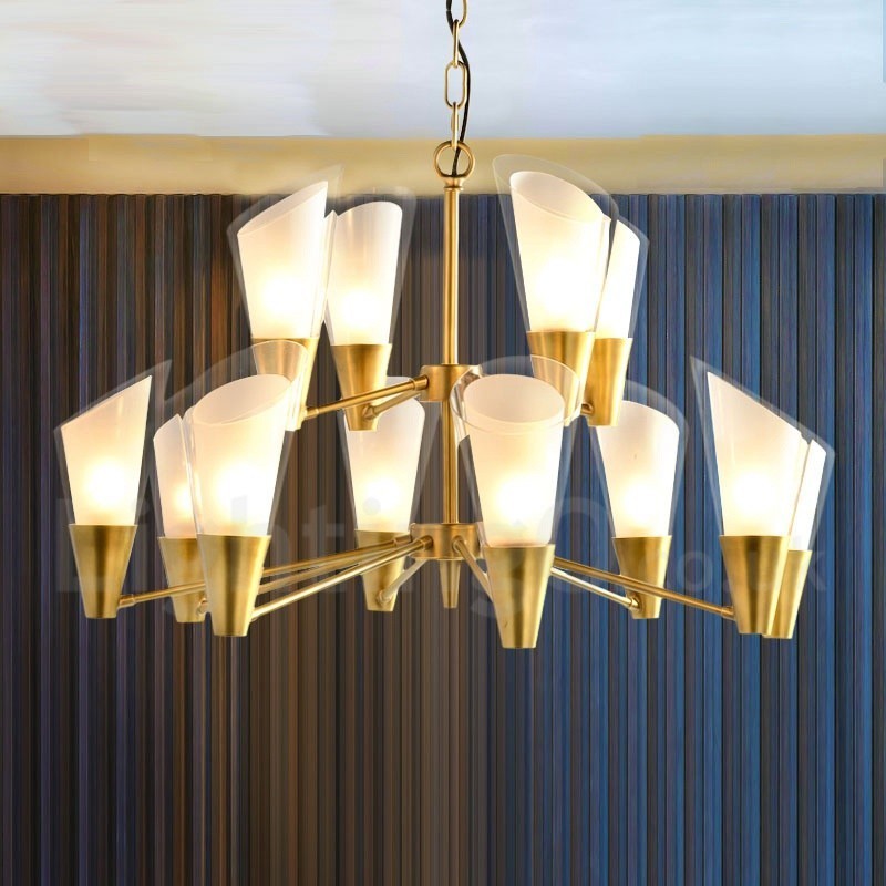 Lustre suspendu de luxe rustique rétro à 12 lumières en laiton avec abat-jour en verre