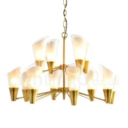 Lustre suspendu de luxe rustique rétro à 12 lumières en laiton avec abat-jour en verre