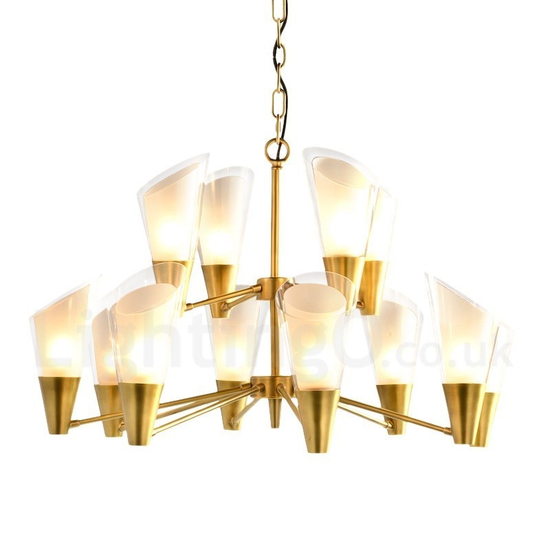 Lustre suspendu de luxe rustique rétro à 12 lumières en laiton avec abat-jour en verre