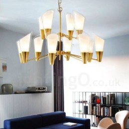 Lustre suspendu de luxe rustique rétro à 12 lumières en laiton avec abat-jour en verre