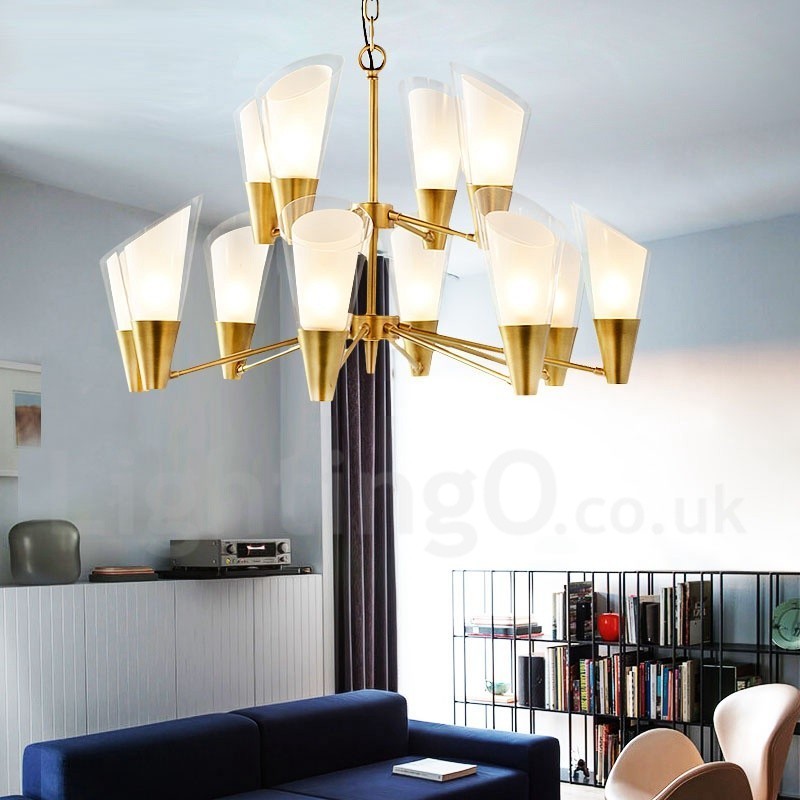 Lustre suspendu de luxe rustique rétro à 12 lumières en laiton avec abat-jour en verre
