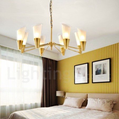 Lustre suspendu de luxe rustique rétro à 8 lumières en laiton avec abat-jour en verre Lustre suspendu de luxe rustique rétro à 8 lumières en laiton avec abat-jour en verre
