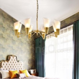 Lustre suspendu de luxe rustique rétro à 8 lumières en laiton avec abat-jour en verre