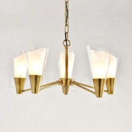 Lustre suspendu de luxe rustique rétro à 5 lumières en laiton avec abat-jour en verre