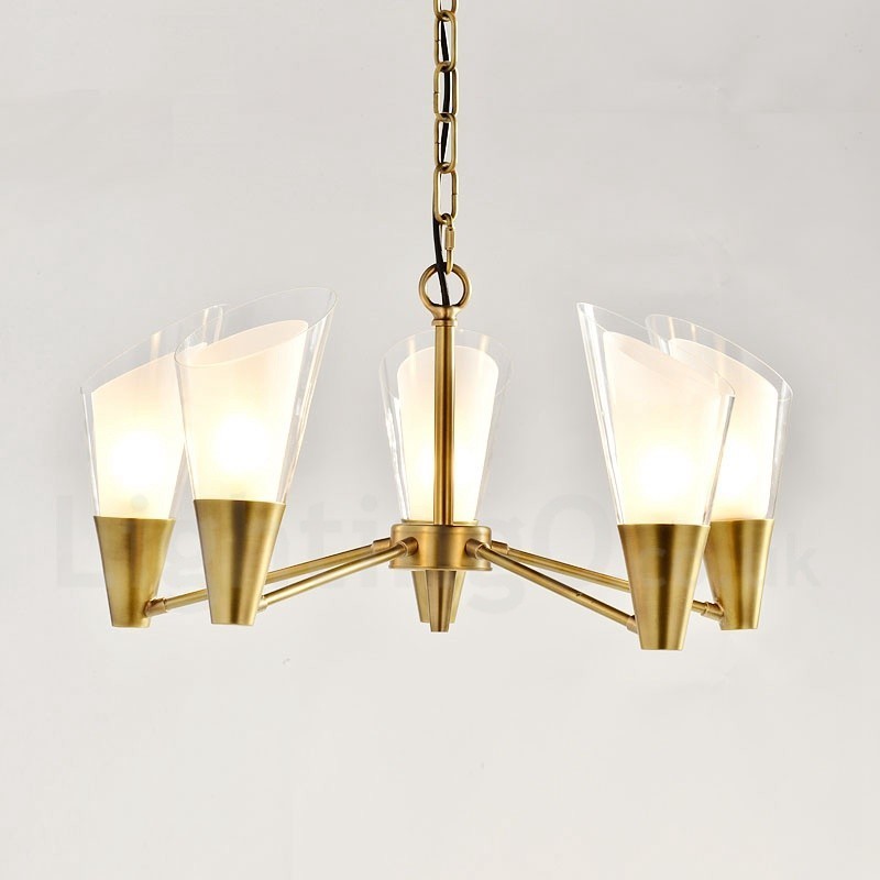 Lustre suspendu de luxe rustique rétro à 5 lumières en laiton avec abat-jour en verre