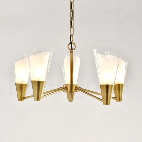 Lustre suspendu de luxe rustique rétro à 5 lumières en laiton avec abat-jour en verre Lustre suspendu de luxe rustique rétro à 5 lumières en laiton avec abat-jour en verre