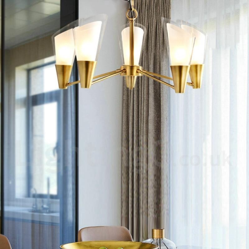 Lustre suspendu de luxe rustique rétro à 5 lumières en laiton avec abat-jour en verre