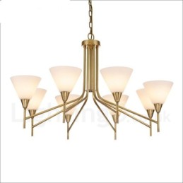 Lustre suspendu de luxe rustique rétro à 8 lumières en laiton avec abat-jour en verre