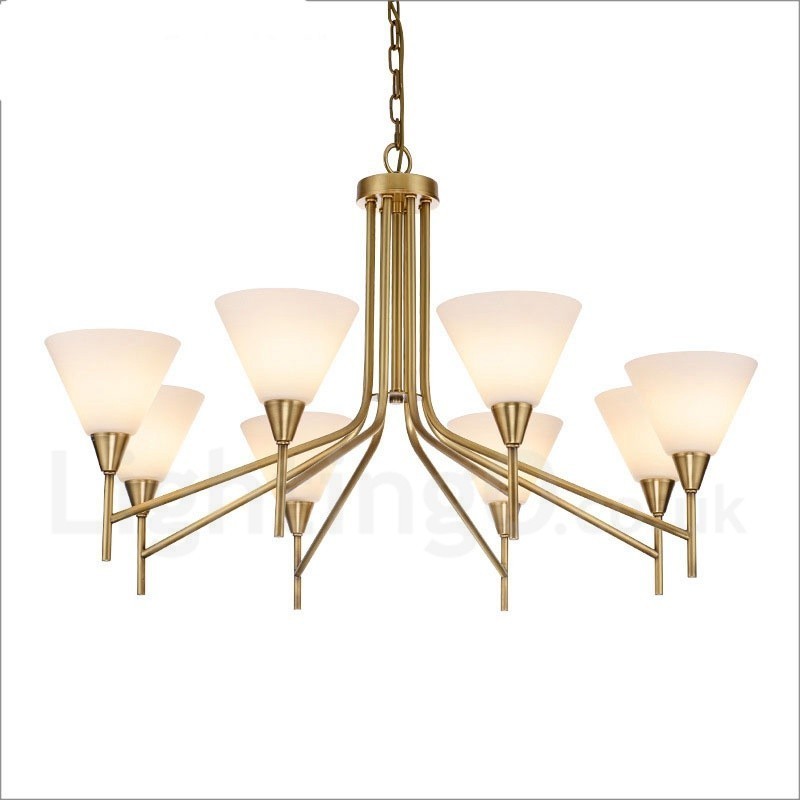 Lustre suspendu de luxe rustique rétro à 8 lumières en laiton avec abat-jour en verre