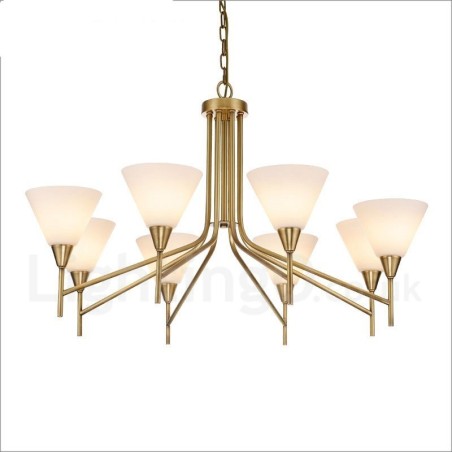 Lustre suspendu de luxe rustique rétro à 8 lumières en laiton avec abat-jour en verre Lustre suspendu de luxe rustique rétro à 8 lumières en laiton avec abat-jour en verre