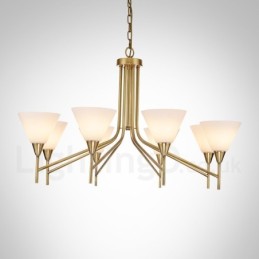Lustre suspendu de luxe rustique rétro à 8 lumières en laiton avec abat-jour en verre