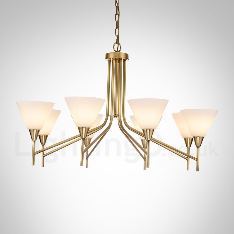 Lustre suspendu de luxe rustique rétro à 8 lumières en laiton avec abat-jour en verre