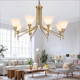 Lustre suspendu de luxe rustique rétro à 8 lumières en laiton avec abat-jour en verre