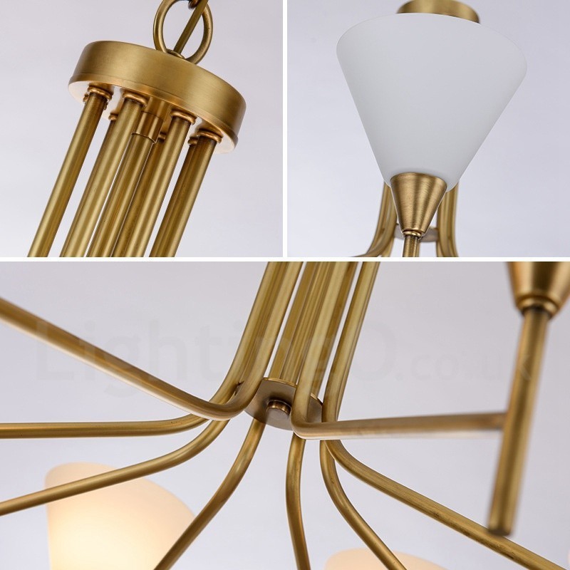 Lustre suspendu de luxe rustique rétro à 8 lumières en laiton avec abat-jour en verre