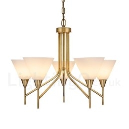 Lustre suspendu de luxe rustique rétro à 5 lumières en laiton avec abat-jour en verre