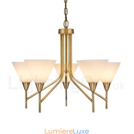 Lustre suspendu de luxe rustique rétro à 5 lumières en laiton avec abat-jour en verre Lustre suspendu de luxe rustique rétro à 5 lumières en laiton avec abat-jour en verre