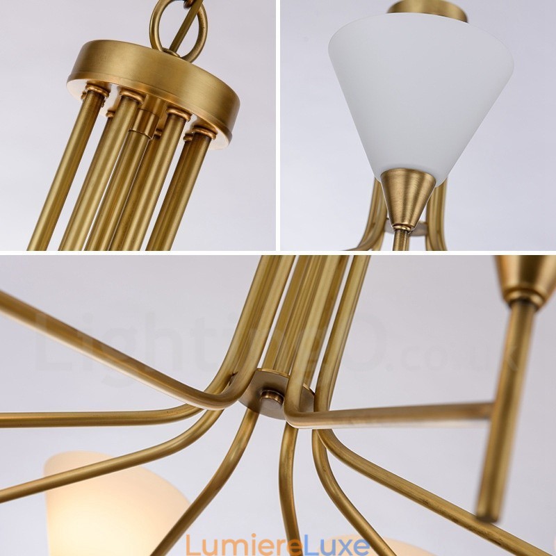 Lustre suspendu de luxe rustique rétro à 5 lumières en laiton avec abat-jour en verre