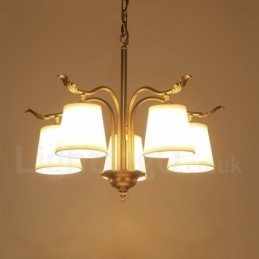 Lustre suspendu de luxe rustique rétro à 5 lumières en laiton avec abat-jour en tissu