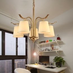 Lustre suspendu de luxe rustique rétro à 5 lumières en laiton avec abat-jour en tissu