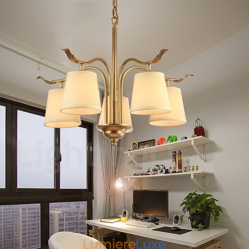 Lustre suspendu de luxe rustique rétro à 5 lumières en laiton avec abat-jour en tissu
