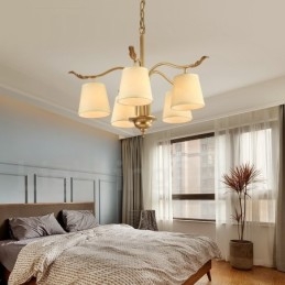 Lustre suspendu de luxe rustique rétro à 5 lumières en laiton avec abat-jour en tissu
