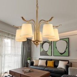 Lustre suspendu de luxe rustique rétro à 5 lumières en laiton avec abat-jour en tissu