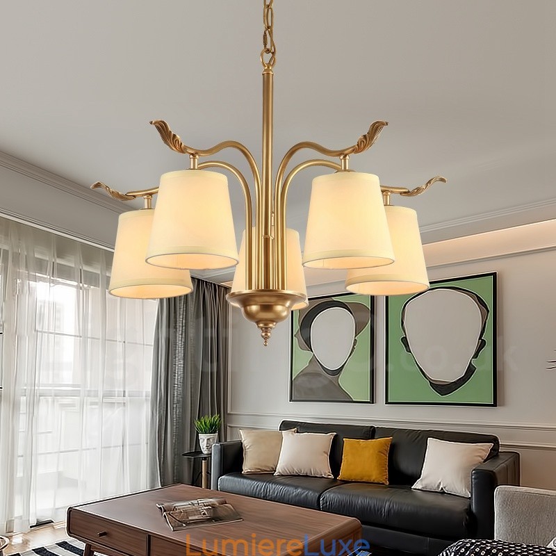 Lustre suspendu de luxe rustique rétro à 5 lumières en laiton avec abat-jour en tissu