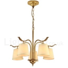 Lustre suspendu de luxe rustique rétro à 5 lumières en laiton avec abat-jour en tissu