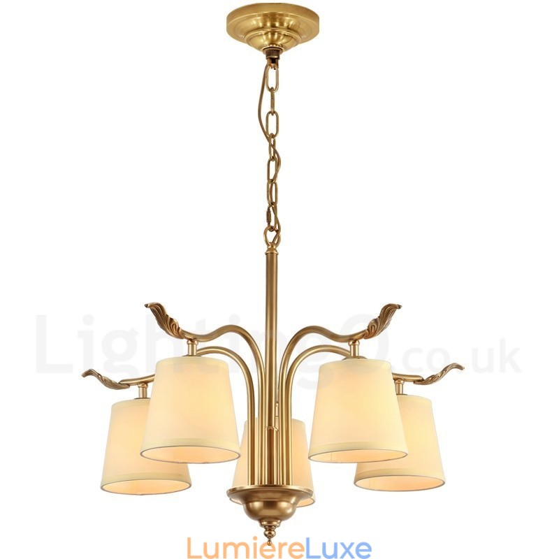 Lustre suspendu de luxe rustique rétro à 5 lumières en laiton avec abat-jour en tissu