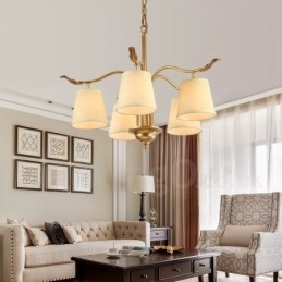 Lustre suspendu de luxe rustique rétro à 5 lumières en laiton avec abat-jour en tissu