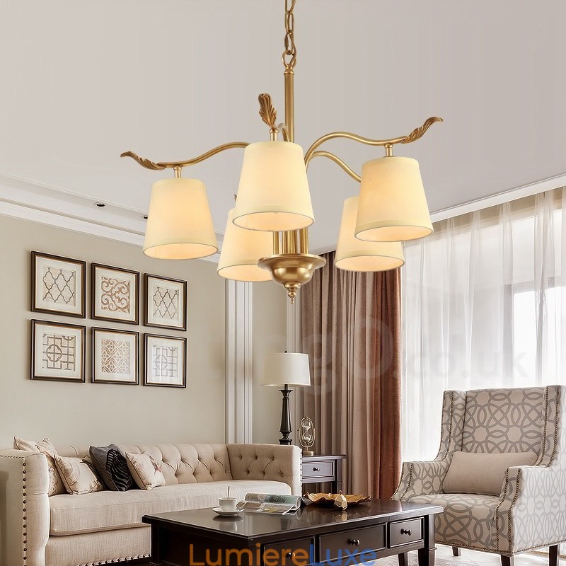 Lustre suspendu de luxe rustique rétro à 5 lumières en laiton avec abat-jour en tissu