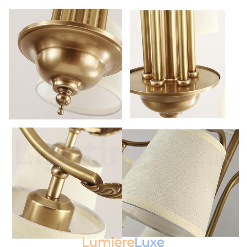 Lustre suspendu de luxe rustique rétro à 5 lumières en laiton avec abat-jour en tissu