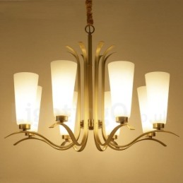 Lustre suspendu de luxe rustique rétro à 8 lumières en laiton avec abat-jour en verre