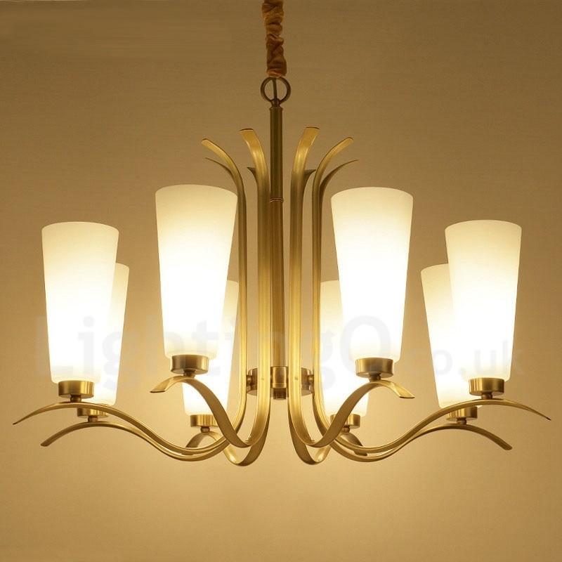 Lustre suspendu de luxe rustique rétro à 8 lumières en laiton avec abat-jour en verre