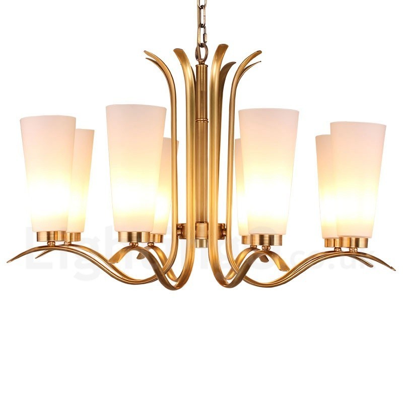 Lustre suspendu de luxe rustique rétro à 8 lumières en laiton avec abat-jour en verre