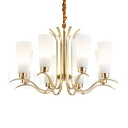 Lustre suspendu de luxe rustique rétro à 8 lumières en laiton avec abat-jour en verre