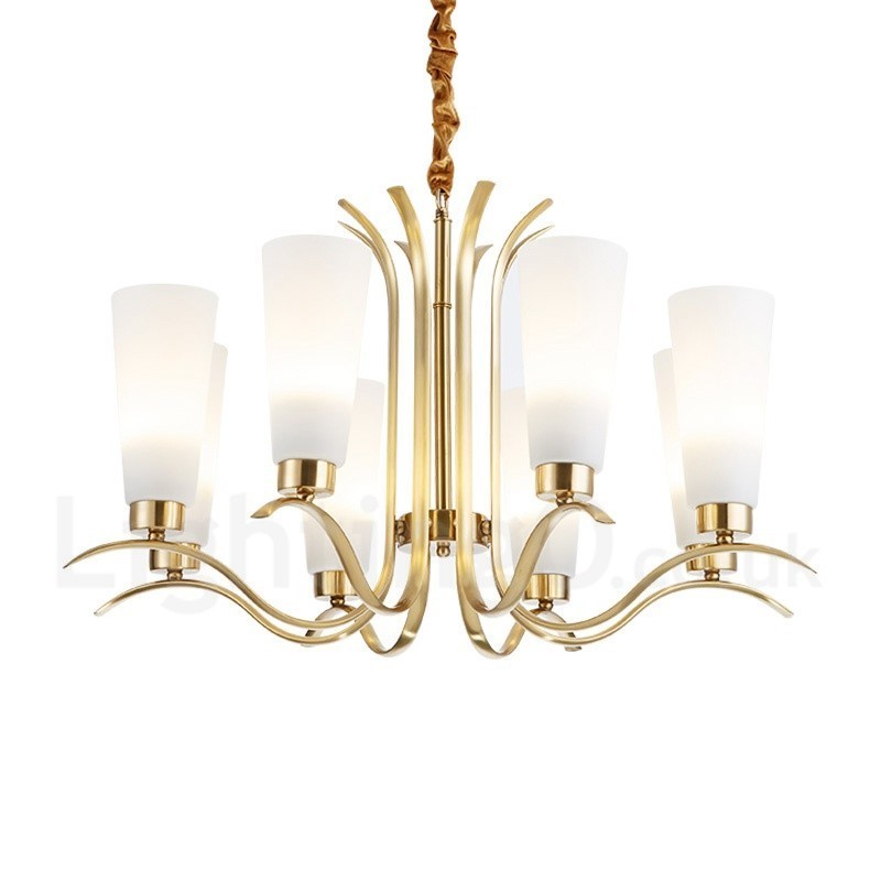 Lustre suspendu de luxe rustique rétro à 8 lumières en laiton avec abat-jour en verre