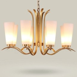 Lustre suspendu de luxe rustique rétro à 8 lumières en laiton avec abat-jour en verre
