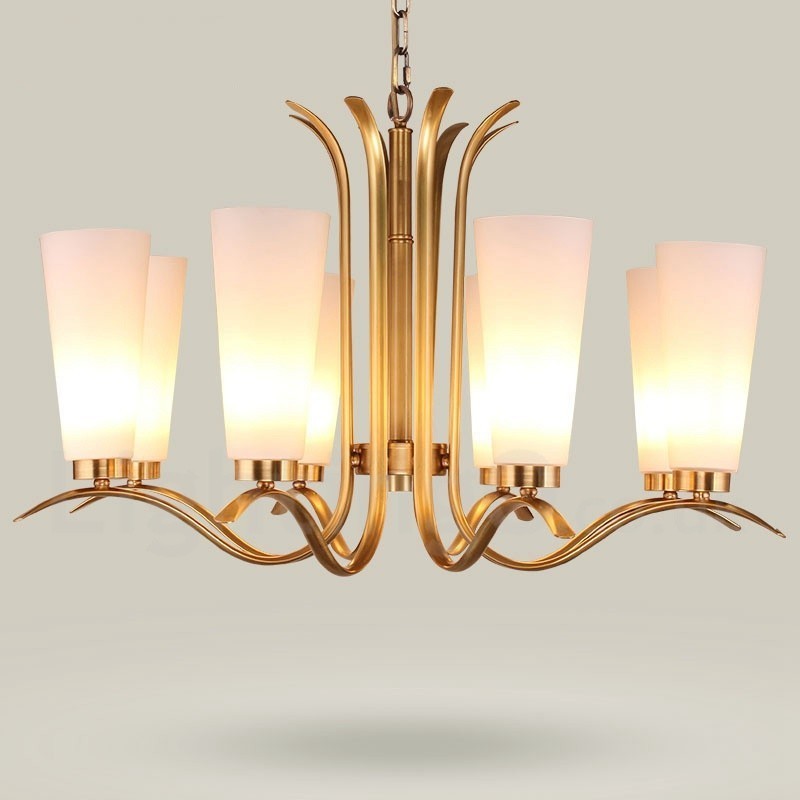 Lustre suspendu de luxe rustique rétro à 8 lumières en laiton avec abat-jour en verre