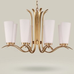 Lustre suspendu de luxe rustique rétro à 8 lumières en laiton avec abat-jour en verre