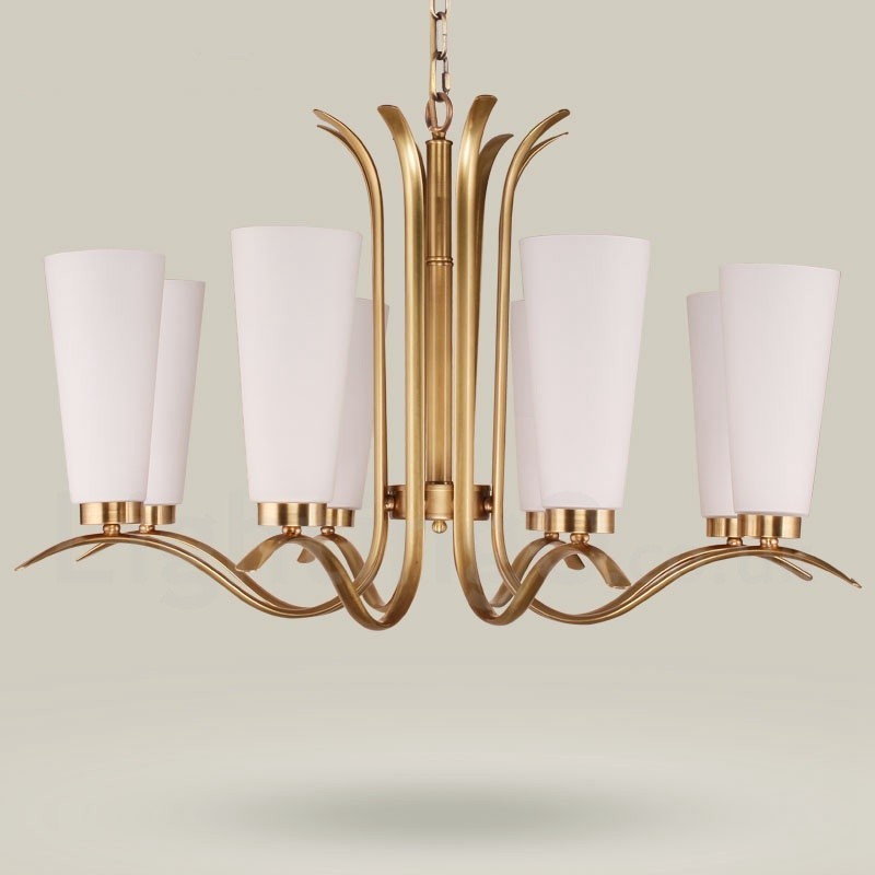Lustre suspendu de luxe rustique rétro à 8 lumières en laiton avec abat-jour en verre