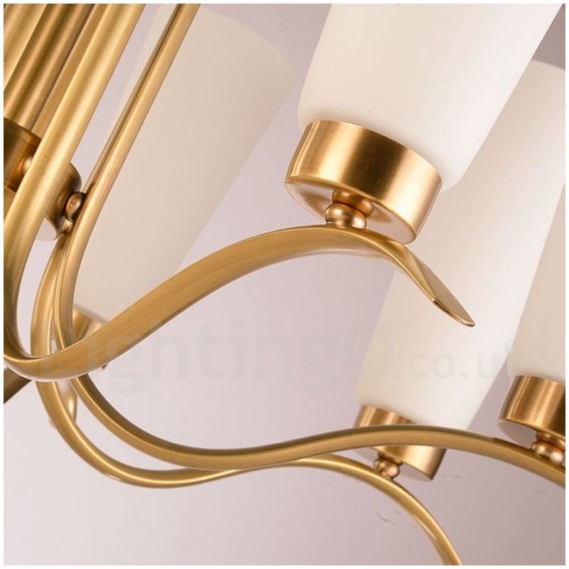 Lustre suspendu de luxe rustique rétro à 8 lumières en laiton avec abat-jour en verre