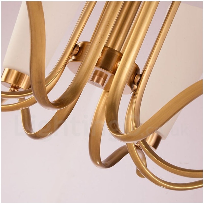 Lustre suspendu de luxe rustique rétro à 8 lumières en laiton avec abat-jour en verre
