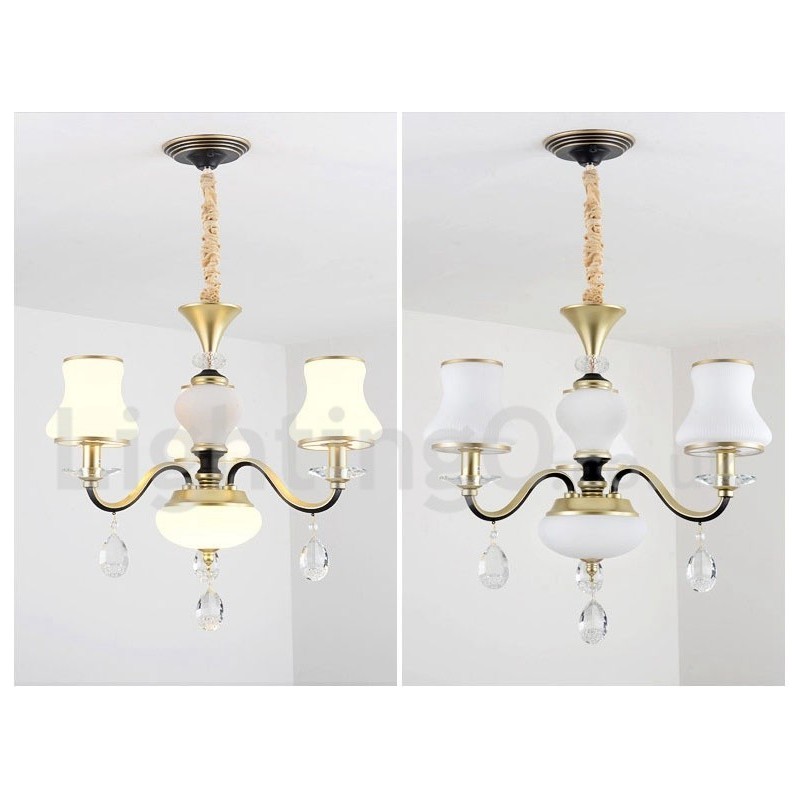 Lustre suspendu en cristal de luxe rustique rétro à 3 lumières avec abat-jour en verre